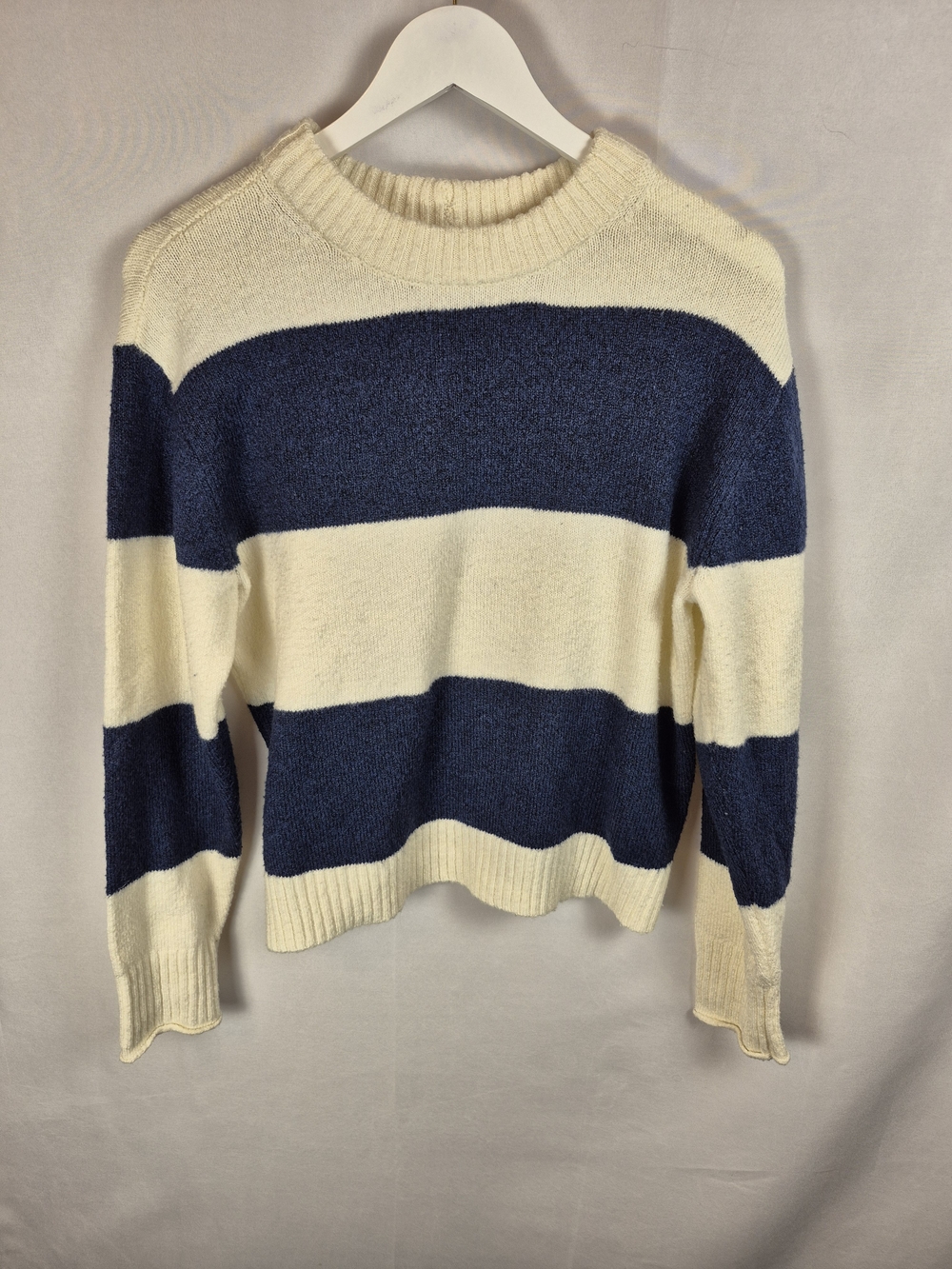 American Eagle Outfitters Cream and Navy Striped Crewneck Sweater Size Xs